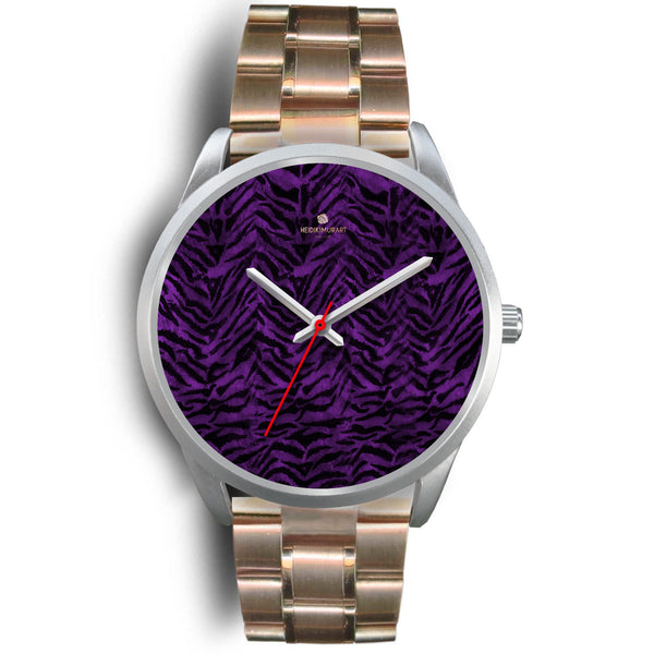 Black Purple Tiger Striped Animal Print Skin Silver Unisex Designer Bestselling Watch-Silver Watch-Mens 40mm-Rose Gold Metal Link-Heidi Kimura Art LLC