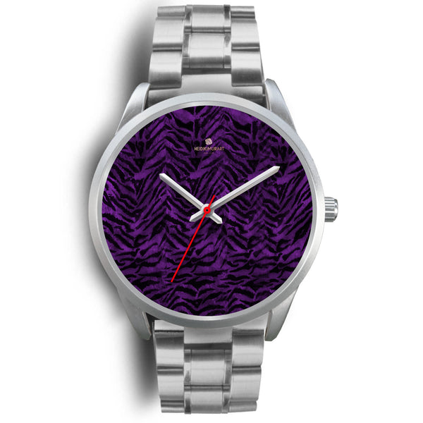 Black Purple Tiger Striped Animal Print Skin Silver Unisex Designer Bestselling Watch-Silver Watch-Mens 40mm-Silver Metal Link-Heidi Kimura Art LLC