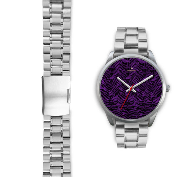 Black Purple Tiger Striped Animal Print Skin Silver Unisex Designer Bestselling Watch-Silver Watch-Heidi Kimura Art LLC
