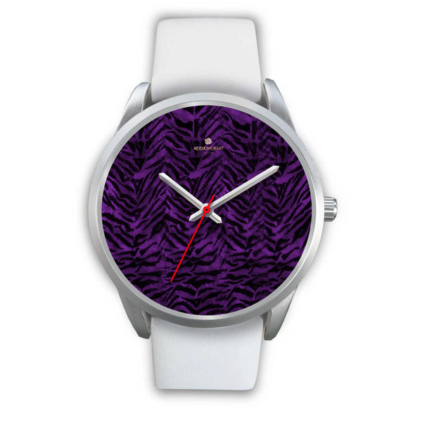 Black Purple Tiger Striped Animal Print Skin Silver Unisex Designer Bestselling Watch-Silver Watch-Mens 40mm-White Leather-Heidi Kimura Art LLC