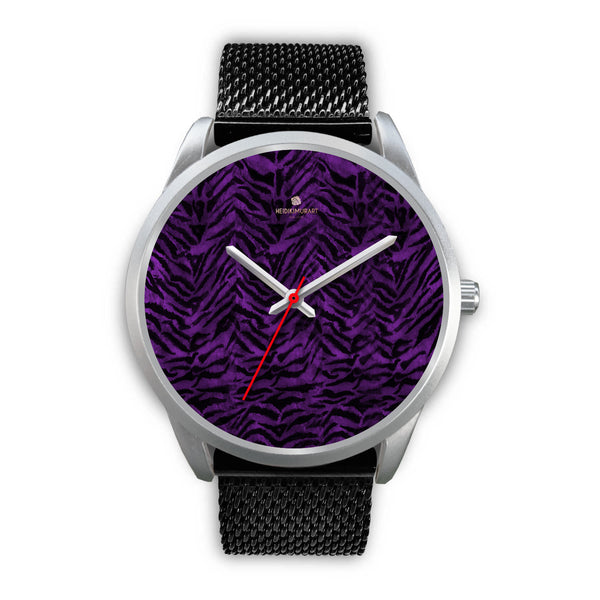 Black Purple Tiger Striped Animal Print Skin Silver Unisex Designer Bestselling Watch-Silver Watch-Mens 40mm-Black Metal Mesh-Heidi Kimura Art LLC