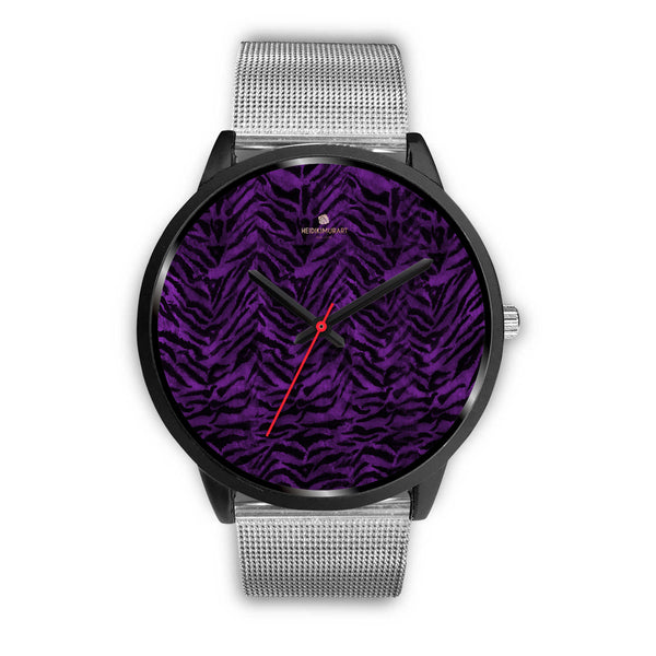 Purple Black Tiger Striped Animal Print Unisex Premium Quality Designer Watch-Black Watch-Mens 40mm-Silver Metal Mesh-Heidi Kimura Art LLC