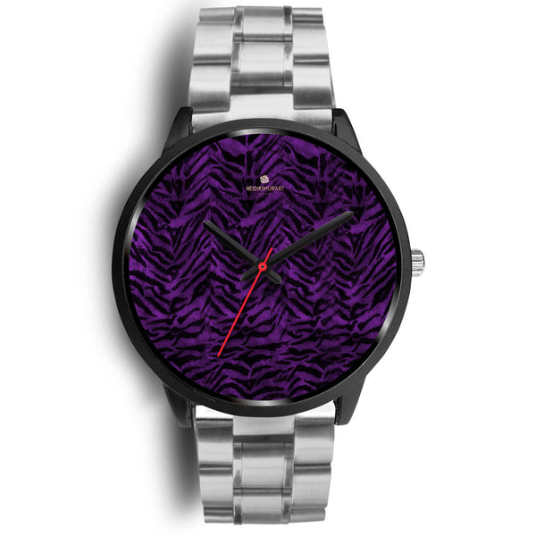 Purple Black Tiger Striped Animal Print Unisex Premium Quality Designer Watch-Black Watch-Mens 40mm-Silver Metal Link-Heidi Kimura Art LLC