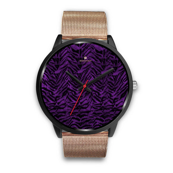 Purple Black Tiger Striped Animal Print Unisex Premium Quality Designer Watch-Black Watch-Mens 40mm-Rose Gold Metal Mesh-Heidi Kimura Art LLC