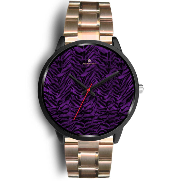 Purple Black Tiger Striped Animal Print Unisex Premium Quality Designer Watch-Black Watch-Mens 40mm-Rose Gold Metal Link-Heidi Kimura Art LLC