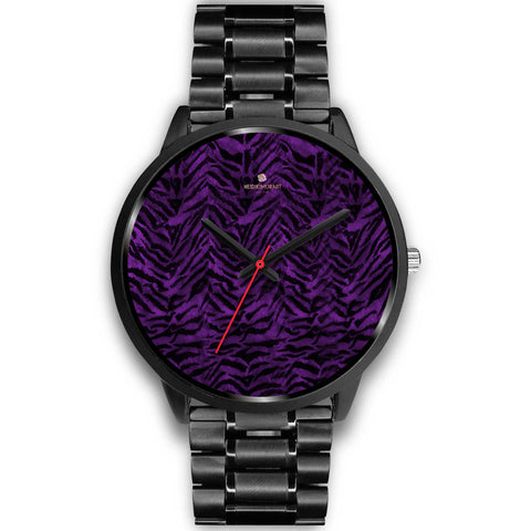 Purple Black Tiger Striped Animal Print Unisex Premium Quality Designer Watch-Black Watch-Mens 40mm-Black Metal Link-Heidi Kimura Art LLC