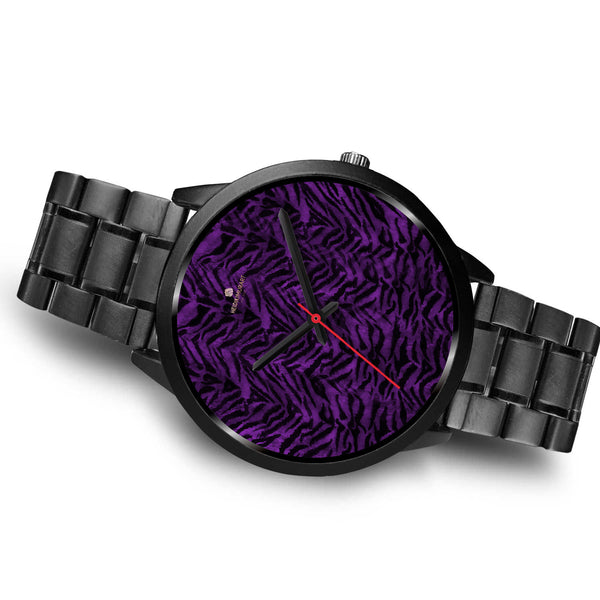 Purple Black Tiger Striped Animal Print Unisex Premium Quality Designer Watch-Black Watch-Heidi Kimura Art LLC
