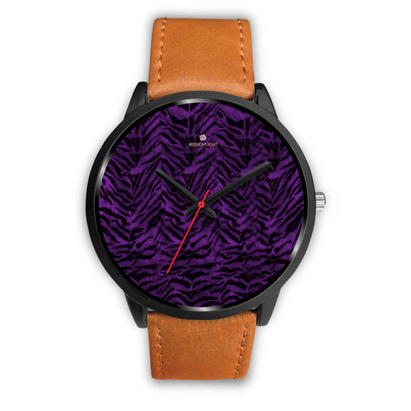 Purple Black Tiger Striped Animal Print Unisex Premium Quality Designer Watch-Black Watch-Mens 40mm-Brown Leather-Heidi Kimura Art LLC
