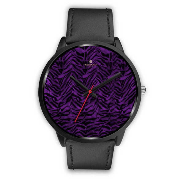 Purple Black Tiger Striped Animal Print Unisex Premium Quality Designer Watch-Black Watch-Mens 40mm-Black Leather-Heidi Kimura Art LLC