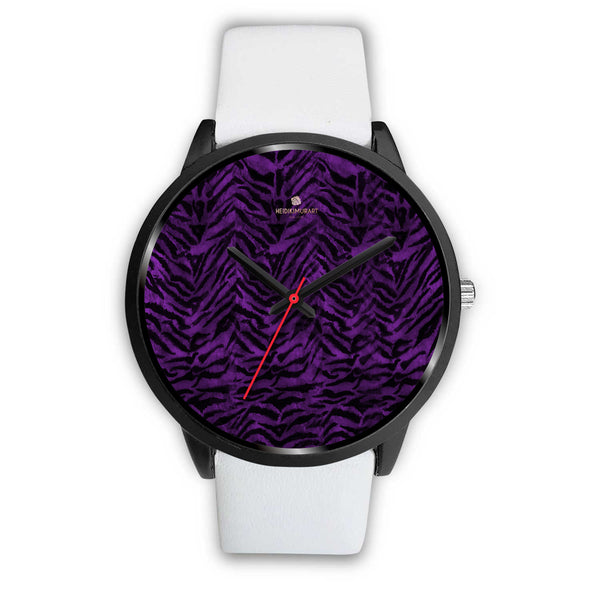 Purple Black Tiger Striped Animal Print Unisex Premium Quality Designer Watch-Black Watch-Mens 40mm-White Leather-Heidi Kimura Art LLC