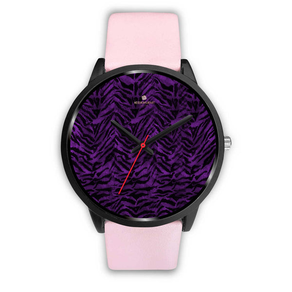 Purple Black Tiger Striped Animal Print Unisex Premium Quality Designer Watch-Black Watch-Mens 40mm-Pink Leather-Heidi Kimura Art LLC