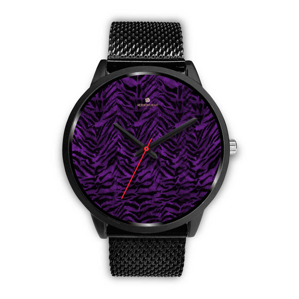 Purple Black Tiger Striped Animal Print Unisex Premium Quality Designer Watch-Black Watch-Mens 40mm-Black Metal Mesh-Heidi Kimura Art LLC