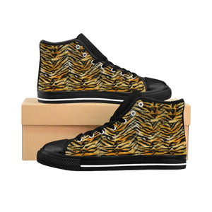 Orange Tiger Striped Animal Print Men's High Top Sneakers Running Shoes (US Size: 6-14)-Men's High Top Sneakers-Black-US 9-Heidi Kimura Art LLC
