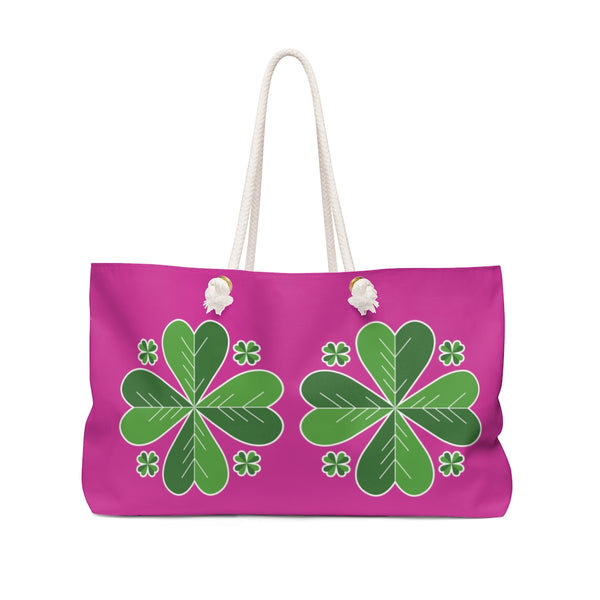 Hot Pink Green Clover Leaf St. Patrick's Day Irish Print 24"x13"Weekender Bag- Made in USA-Weekender Bag-24x13-Heidi Kimura Art LLC