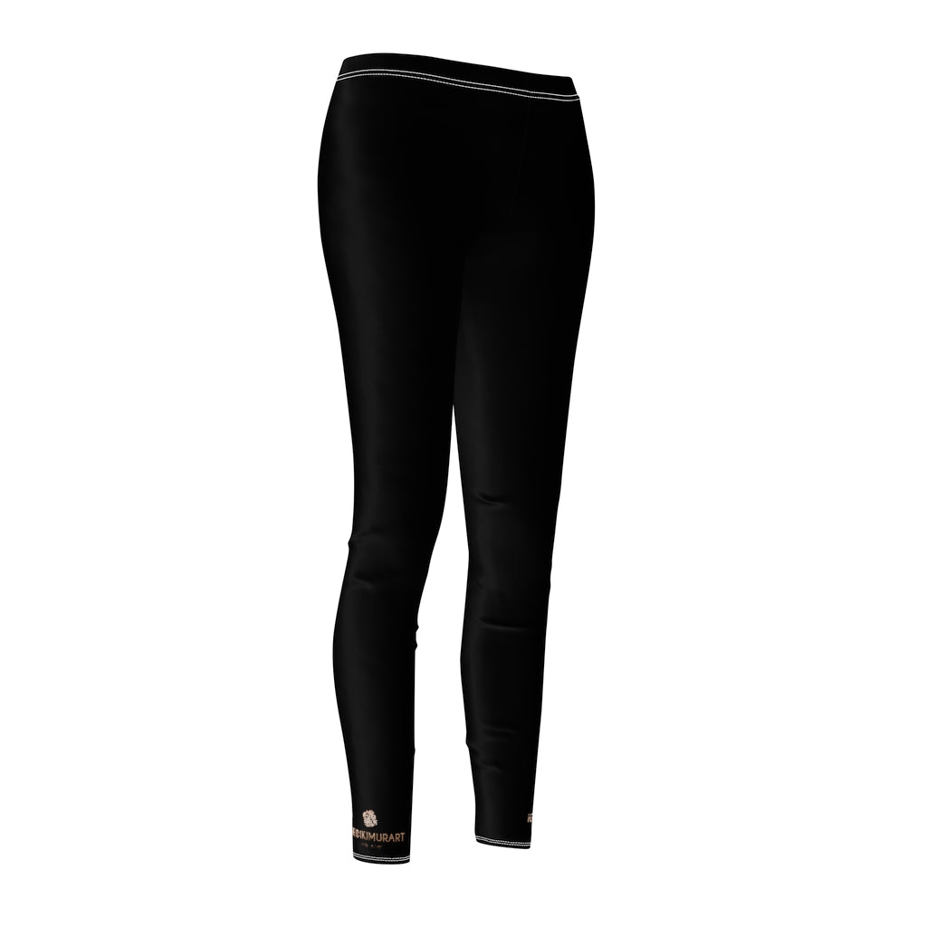 Women's Black Color Casual Leggings, Solid Color Dressy Long Fancy Dressy  Tights-Made in USA