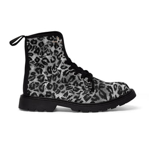 Grey Leopard Print Men Hiker Boots, Animal Print Combat Work Hunting Boots, Anti Heat + Moisture Designer Men's Winter Boots Laced Up Best Hiking Shoes (US Size: 7-10.5)