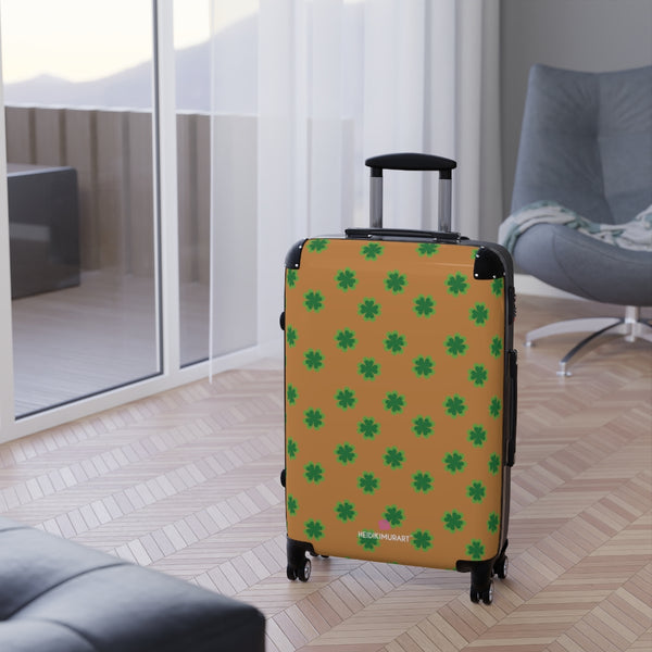 Brown Clover Print Suitcases, Irish Style St. Patrick's Day Designer Suitcase Luggage (Small, Medium, Large)