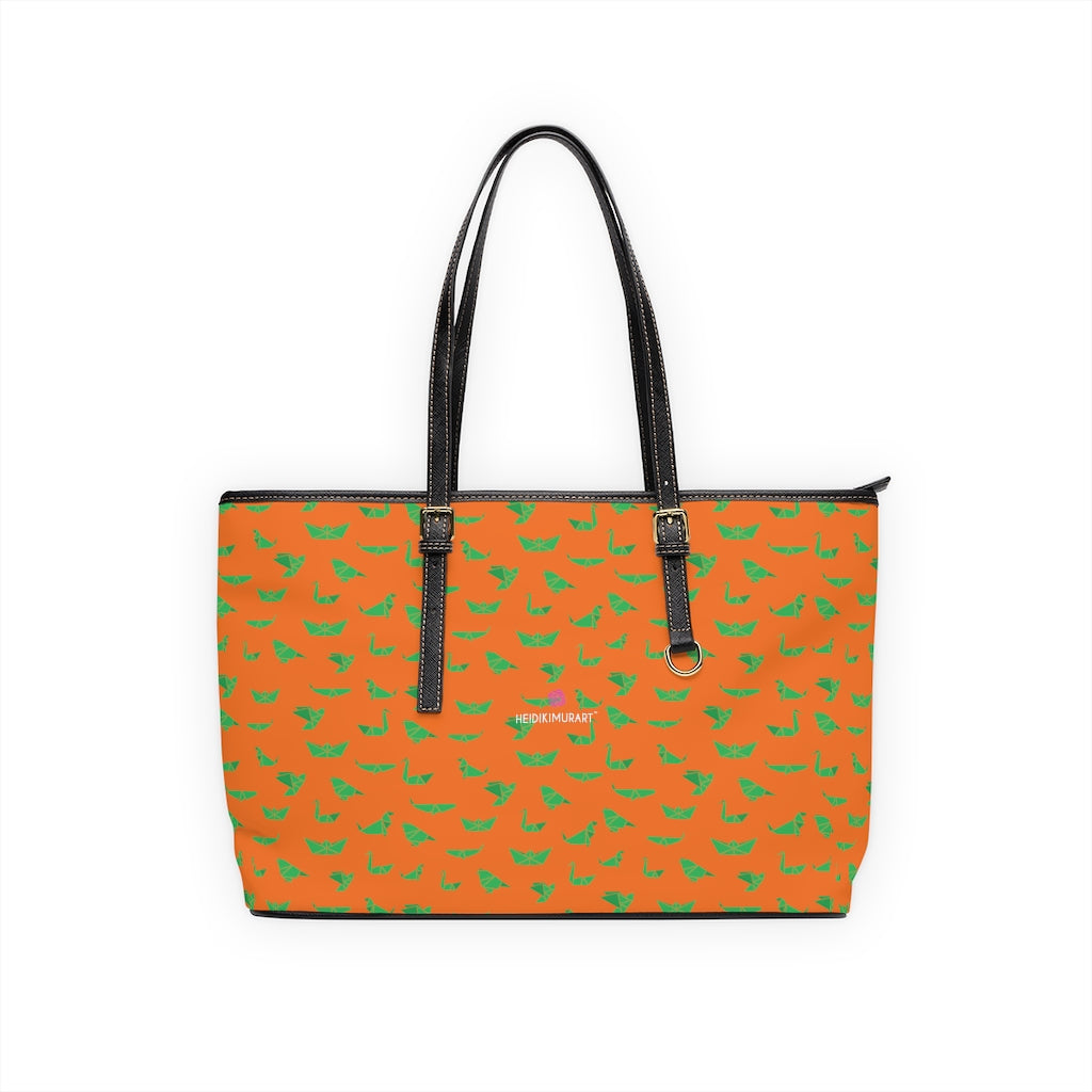 Green Crane Orange Tote Bag, Best Stylish Fashionable Printed PU Leather Shoulder Large Spacious Durable Hand Work Bag 17"x11"/ 16"x10" With Gold-Color Zippers & Buckles & Mobile Phone Slots & Inner Pockets, All Day Large Tote Luxury Best Sleek and Sophisticated Cute Work Shoulder Bag For Women With Outside And Inner Zippers
