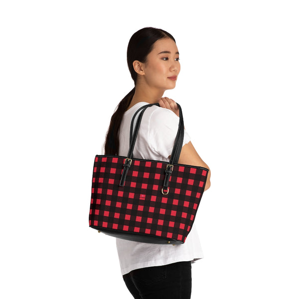 Red Buffalo Print Tote Bag, PU Leather Shoulder Hand Work Bag