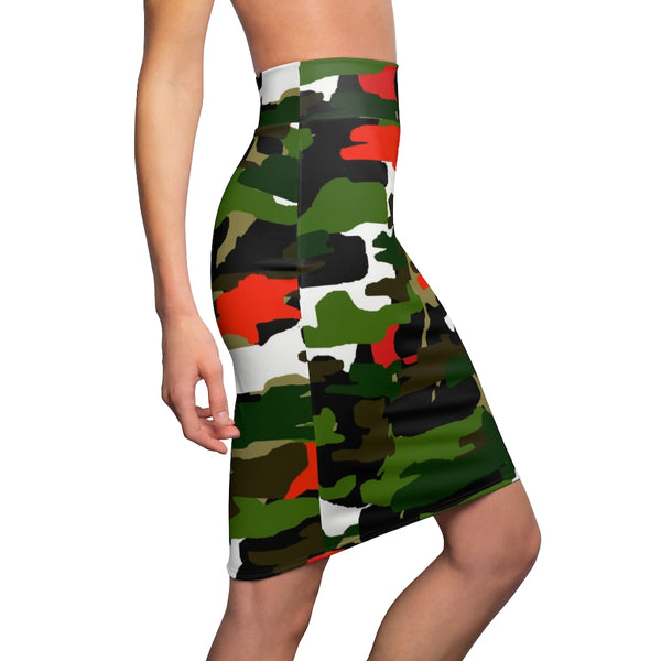 Orange Camo Women's Pencil Skirt, Army Print Designer Skirt - Heidikimurart Limited 