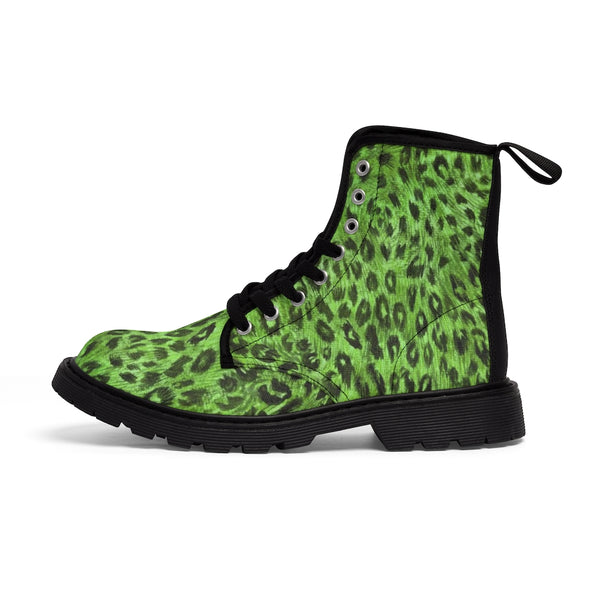 Green Leopard Print Men Hiker Boots, Animal Print Combat Work Hunting Boots, Anti Heat + Moisture Designer Men's Winter Boots Laced Up Best Hiking Shoes (US Size: 7-10.5)