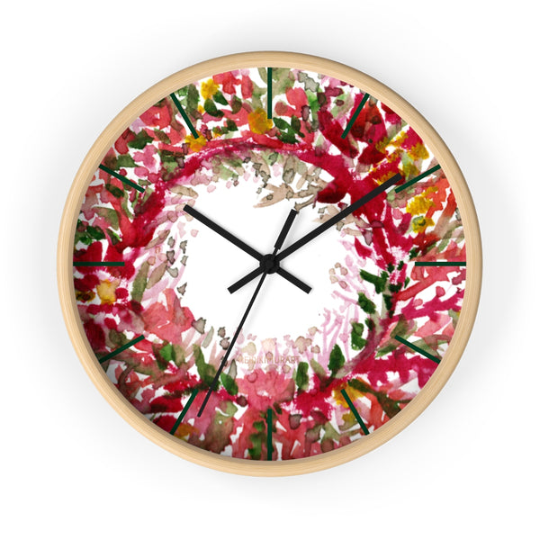 Fall Orange Red Floral Print Designer 10 in. Dia. Indoor Wall Clock- Made in USA-Wall Clock-10 in-Wooden-Black-Heidi Kimura Art LLC