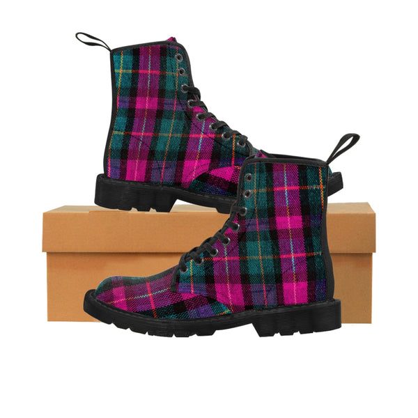 Pink Plaid Print Men's Boots, Hiking Winter Laced Up Combat Hunting Shoes For Men (US Size: 7-10.5)