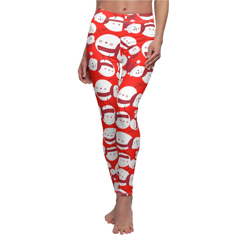 Red Fluffy Happy Cute Snowman Women's Christmas Casual Leggings -Made in USA-Casual Leggings-White Seams-M-Heidi Kimura Art LLC