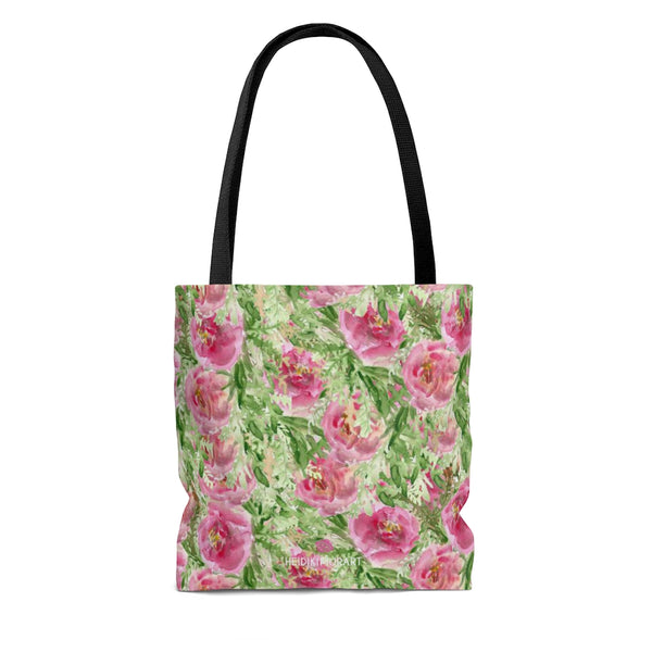 Green Floral Rose Tote Bag, Spring Roses Flower Print Designer Colorful Square 13"x13", 16"x16", 18"x18" Premium Quality Market Tote Bag - Made in USA