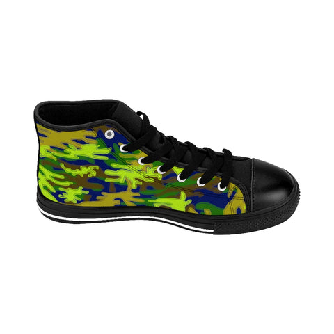 Navy Blue Green Camouflage Army Military Print Men's High-top Sneakers Tennis Shoes-Men's High Top Sneakers-Black-US 9-Heidi Kimura Art LLC