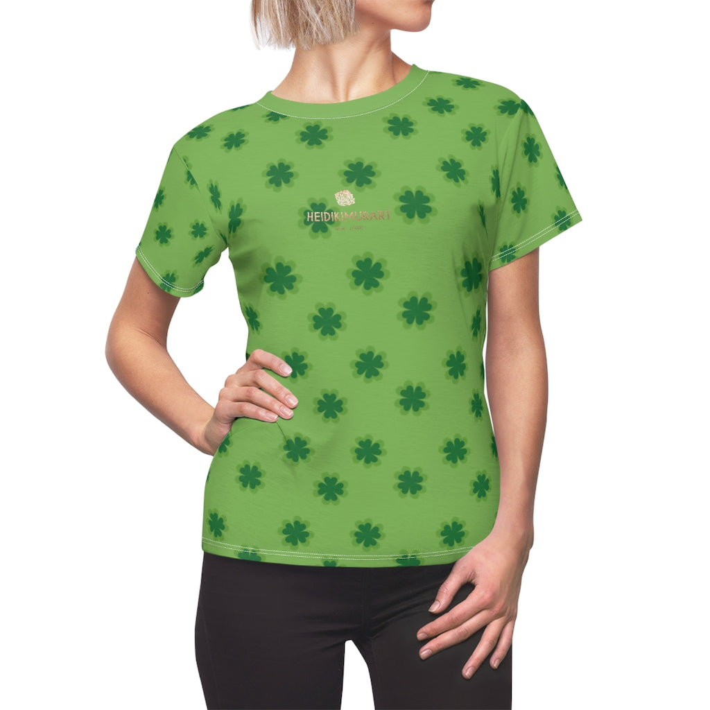 Light Green Clover Print St. Patrick's Day Premium Women's Crewneck Tee- Made in USA-Women's T-Shirt-L-White Seams-4 oz.-Heidi Kimura Art LLC
