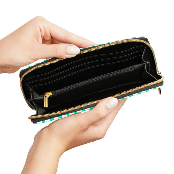 Blue Striped Women's Zipper Wallet, Vertical Stripes Print Best 7.87" x 4.33" Luxury Cruelty-Free Faux Leather Women's Wallet & Purses Compact High Quality Nylon Zip & Metal Hardware, Luxury Long Wallet Card Cases For Women