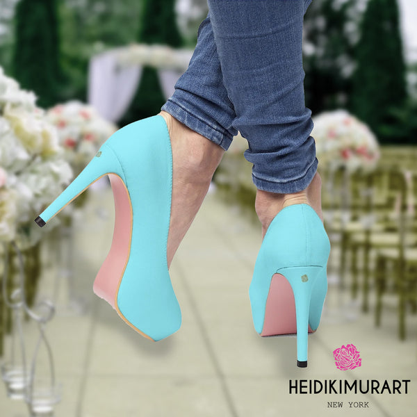 Light Blue Platform Heels, Royal Light Baby Blue Solid Color Print Luxury Premium Designer Women's Platform 4 inch Heels Stilettos Wedding Bridal Bridesmaids Style High Heels Pumps Shoes (US Size: 5-11)