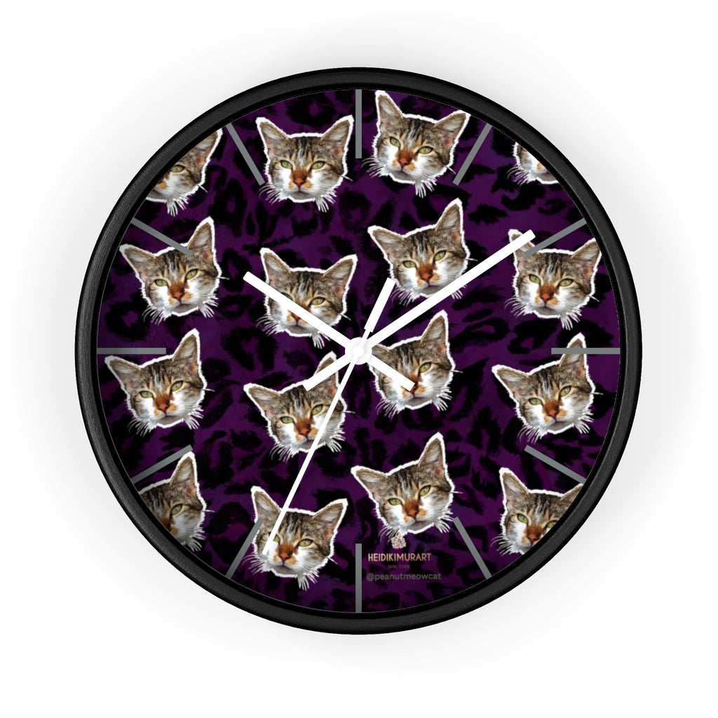 Purple Cat Print Wall Clock, Leopard Print Calico Cat Large Indoor Clocks- Made in USA-Wall Clock-10 in-Black-White-Heidi Kimura Art LLC