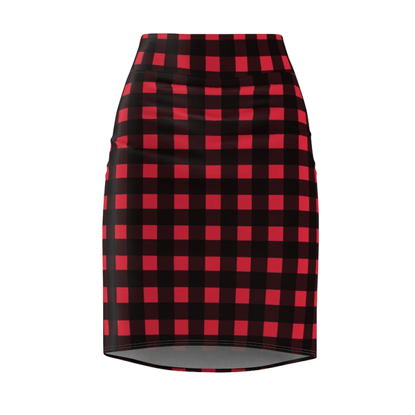 Buffalo Plaid Women's Pencil Skirt, Red Plaid Printed Designer Skirt - Heidikimurart Limited 