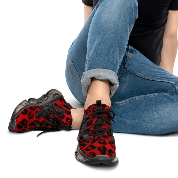 Red Leopard Print Men's Shoes, Best Leopard Animal Print Comfy Men's Mesh-Knit Designer Premium Laced Up Breathable Comfy Sports Sneakers Shoes (US Size: 5-12)