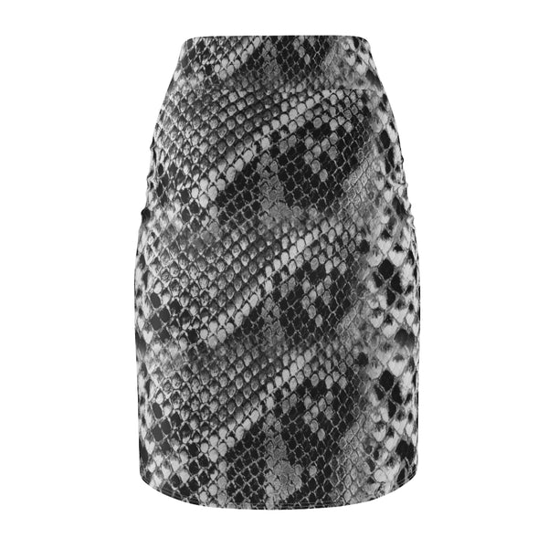 Snake Print Women's Pencil Skirt, Grey Snake Skin Printed Designer Skirt - Heidikimurart Limited 