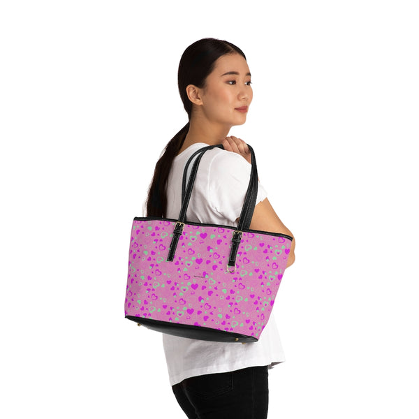 Pink Hearts Print Tote Bag, PU Leather Shoulder Hand Work Bag