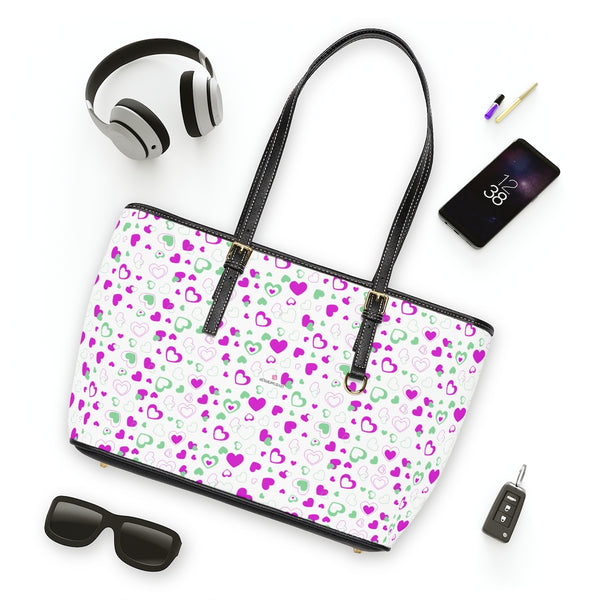 Pink Hearts Print Tote Bag, PU Leather Shoulder Hand Work Bag