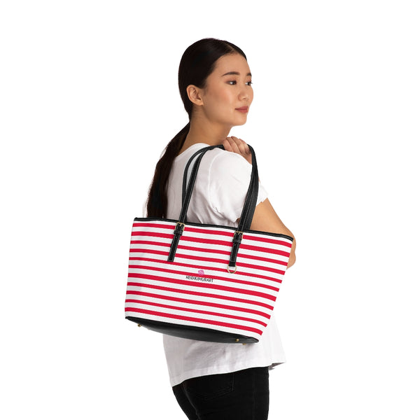 Best Red Stripes Tote Bag, Best Stylish Red and White Striped PU Leather Shoulder Large Spacious Durable Hand Work Bag 17"x11"/ 16"x10" With Gold-Color Zippers & Buckles & Mobile Phone Slots & Inner Pockets, All Day Large Tote Luxury Best Sleek and Sophisticated Cute Work Shoulder Bag For Women With Outside And Inner Zippers