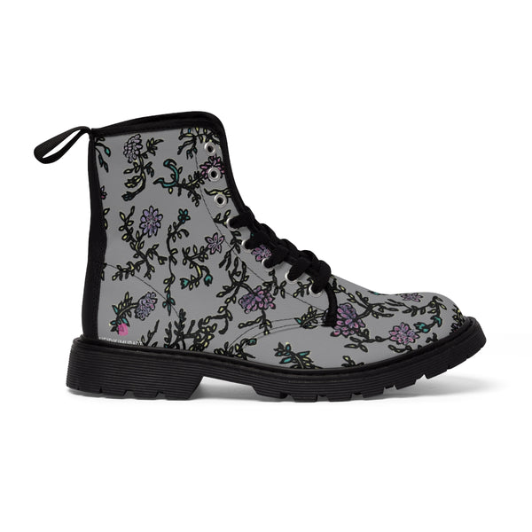 Gray Floral Print Women's Boots, Purple Floral Women's Boots, Best Winter Boots For Women (US Size 6.5-11)