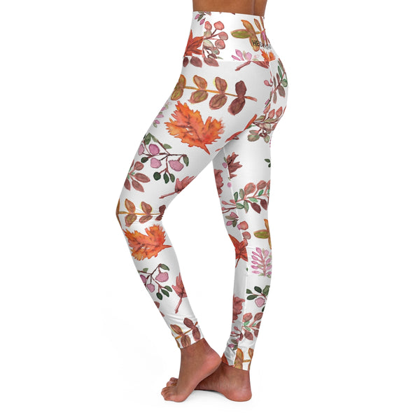 Fall Leaves Floral Women's Tights, High Waisted Yoga Leggings