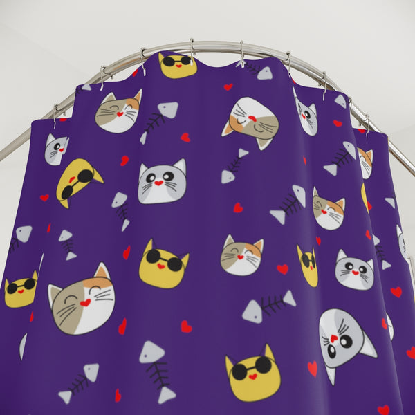 Purple Cat Shower Curtain, Cat Print Polyester Shower Curtain