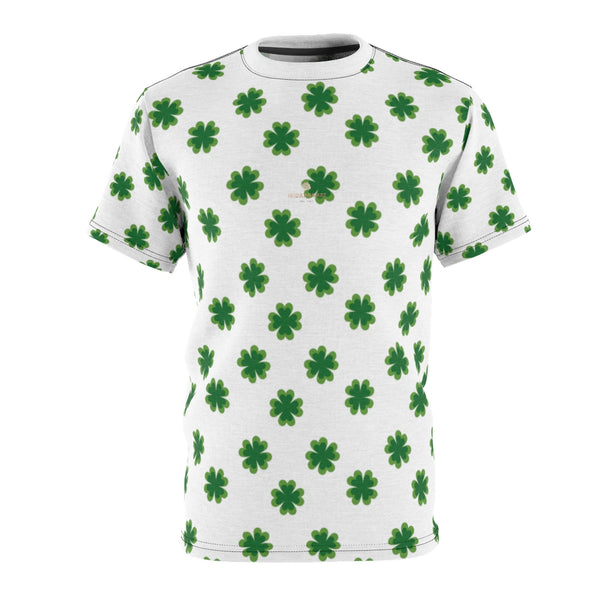 White Green Clover St. Patrick's Day Print Unisex Crew Neck Cut & Sew Tee- Made in USA-Unisex T-Shirt-4 oz.-Black Seams-S-Heidi Kimura Art LLC