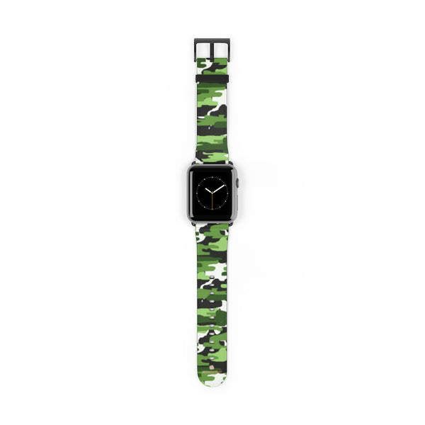 Green & White Camo Print 38mm/42mm Watch Band For Apple Watch- Made in USA-Watch Band-42 mm-Black Matte-Heidi Kimura Art LLC
