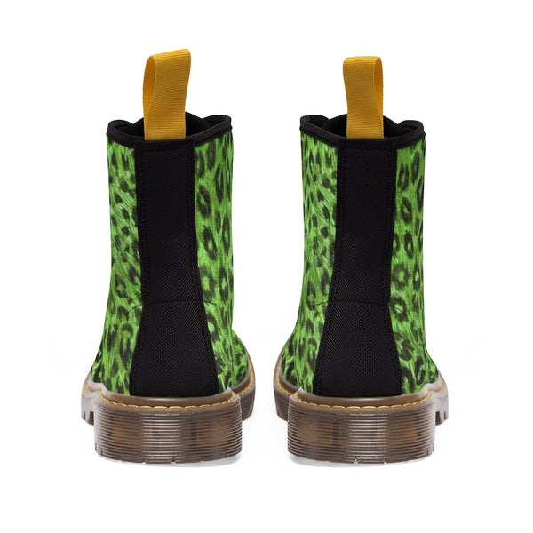 Green Leopard Print Women's Boots, Animal Print Designer Premium Ladies' Hiking Combat Boots