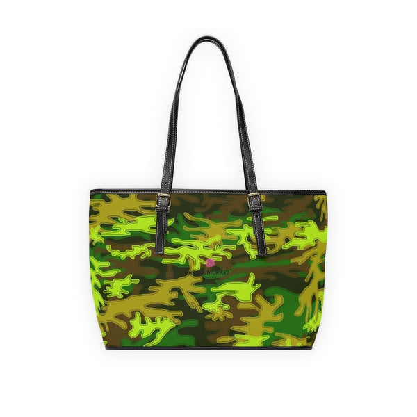 Green Camo Print Tote Bag, Best Stylish Camouflage Military Army Printed PU Leather Shoulder Large Spacious Durable Hand Work Bag 17"x11"/ 16"x10" With Gold-Color Zippers & Buckles & Mobile Phone Slots & Inner Pockets, All Day Large Tote Luxury Best Sleek and Sophisticated Cute Work Shoulder Bag For Women With Outside And Inner Zippers
