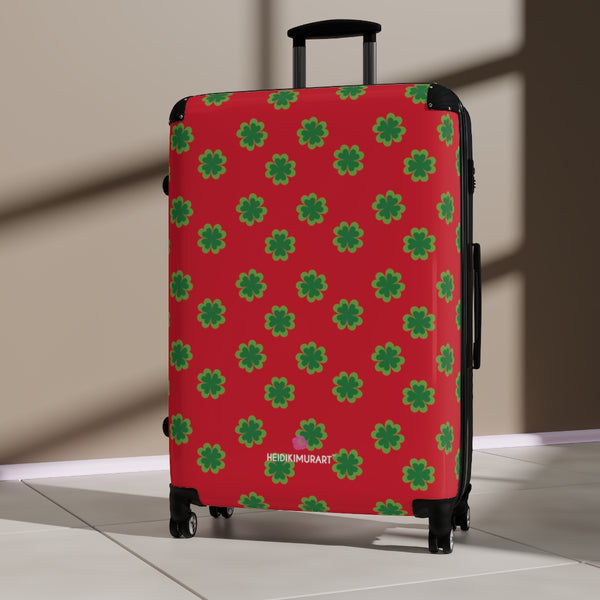 Red Clover Print Suitcases, Irish Style St. Patrick's Day Holiday Designer Suitcase Luggage (Small, Medium, Large) Unique Cute Spacious Versatile and Lightweight Carry-On or Checked In Suitcase, Best Personal Superior Designer Adult's Travel Bag Custom Luggage - Gift For Him or Her - Made in USA/ UK