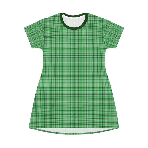 Green Plaid Tartan Print Designer Crew Neck T-shirt Dress-Made in USA-T-Shirt Dress-Heidi Kimura Art LLC