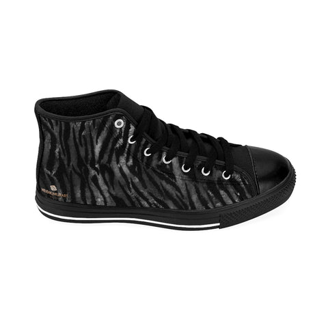 Black Tiger Stripe Men's Sneakers, Black Grey/ Gray Tiger Stripe Men's High Tops, Bengal Tiger Stripe Animal Skin Pattern Fashionable Designer Men's Fashion High Top Sneakers, Tennis Running Shoes (US Size: 6-14)